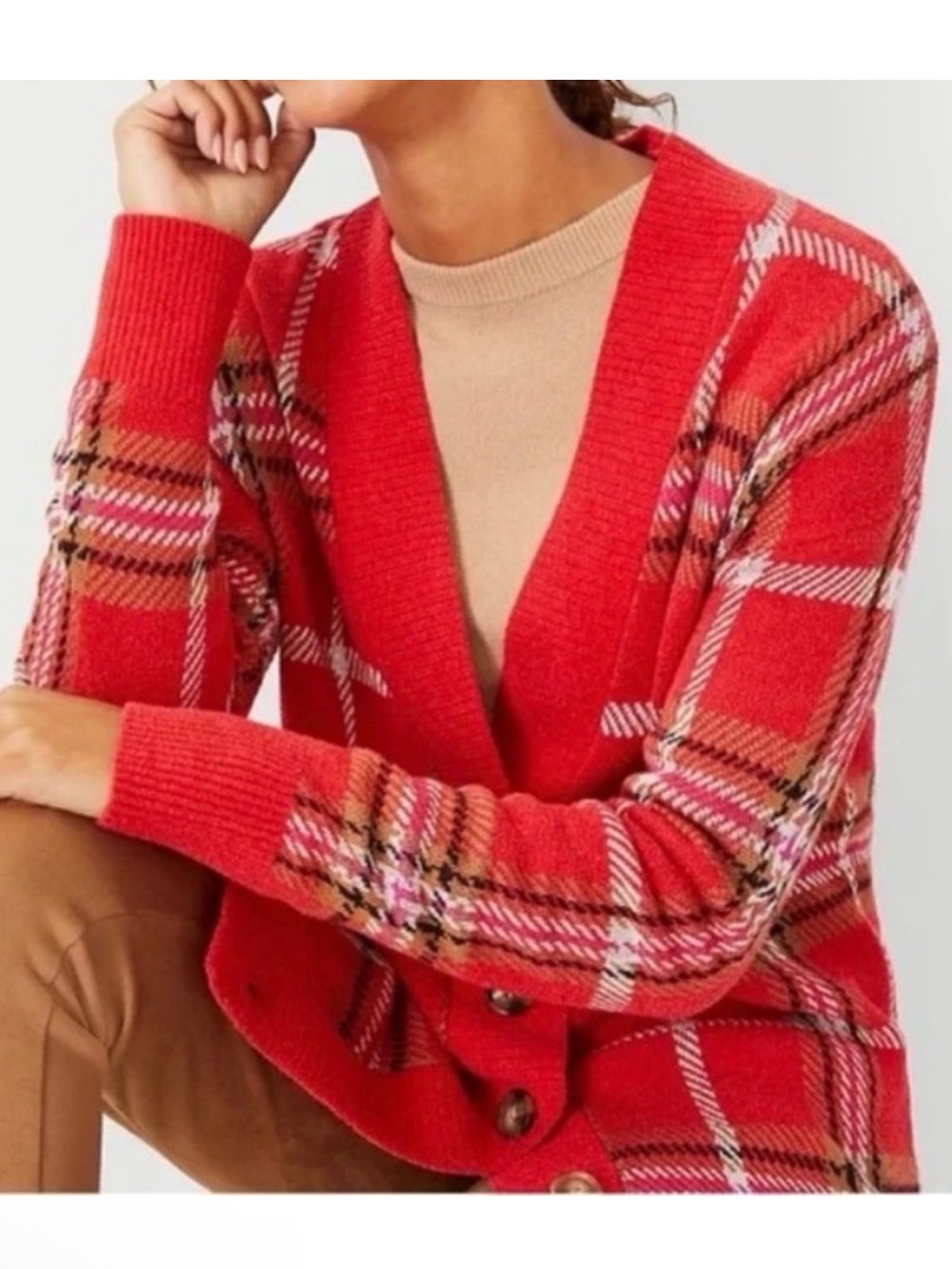 Ann Taylor Jacquard Plaid Boyfriend Cardigan - Picture 2 of 9